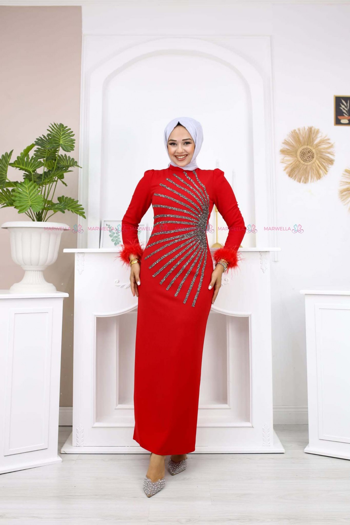 Güneş Tesettür Abiye - Kırmızı