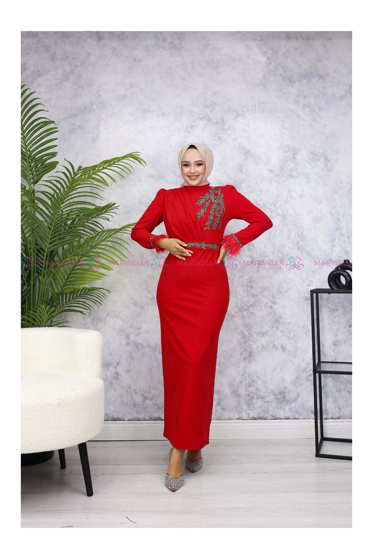 Öykü Tesettür Abiye - Kırmızı