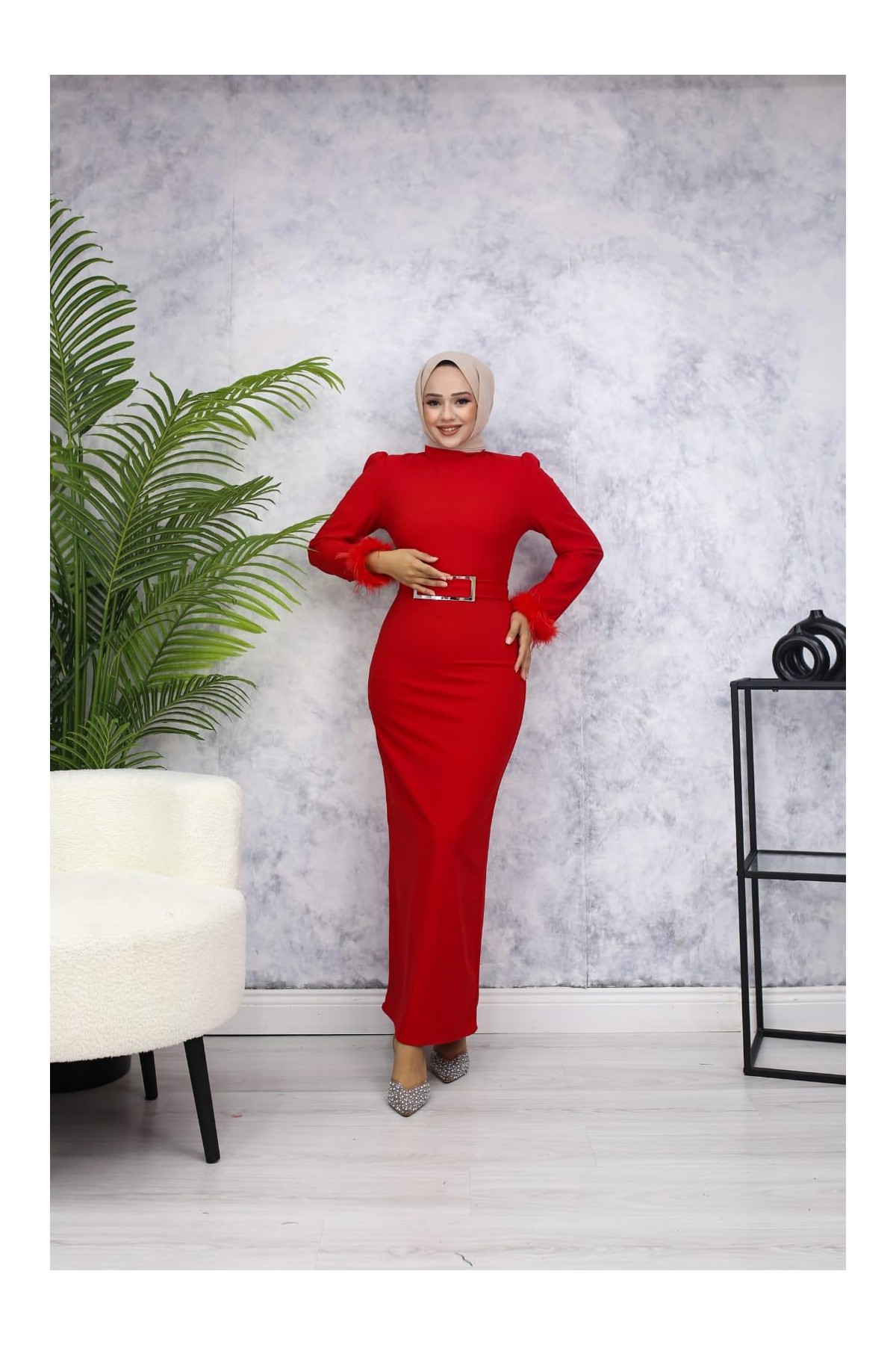 Rabia Tesettür Abiye - Kırmızı