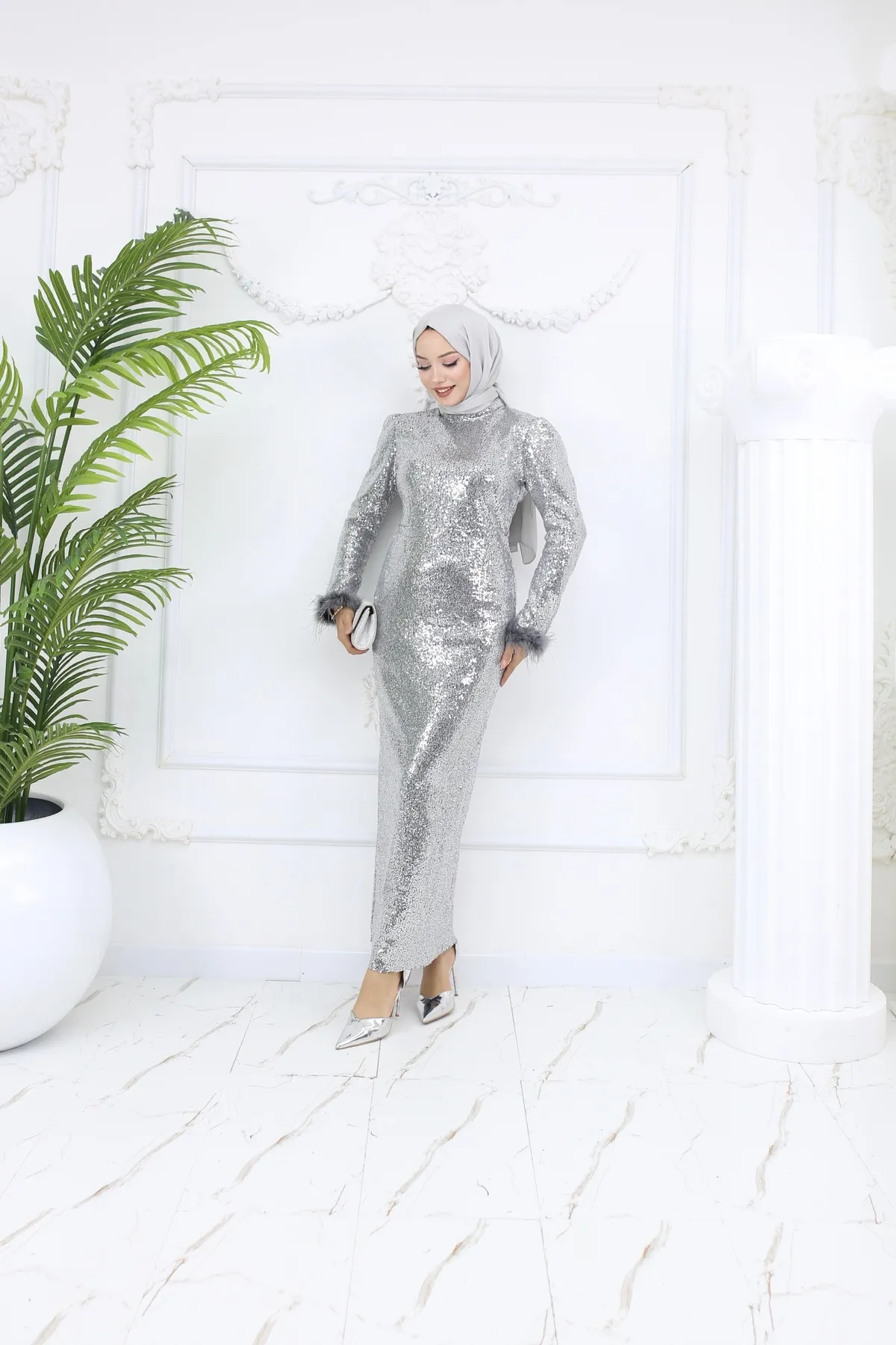 Kardelen Tesettür Abiye - Gri