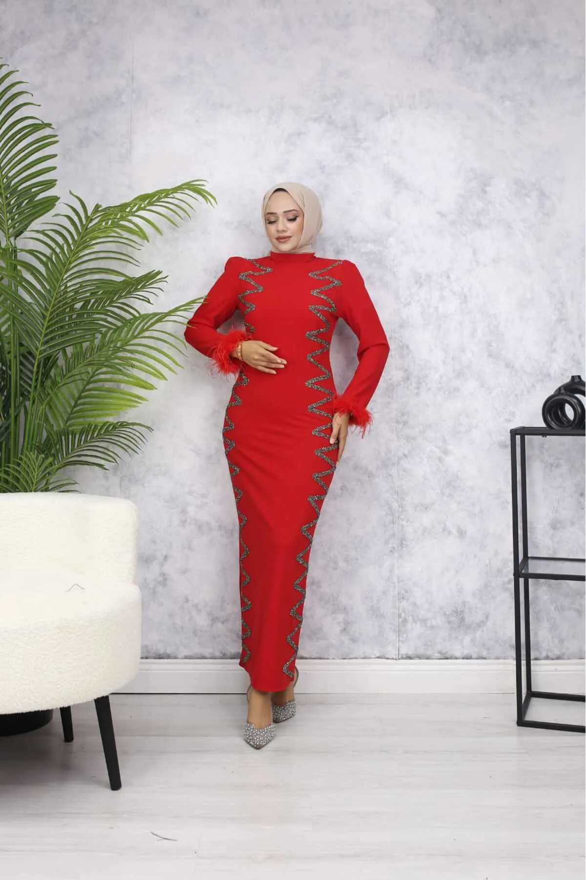 Ebru Tesettür Abiye - Kırmızı
