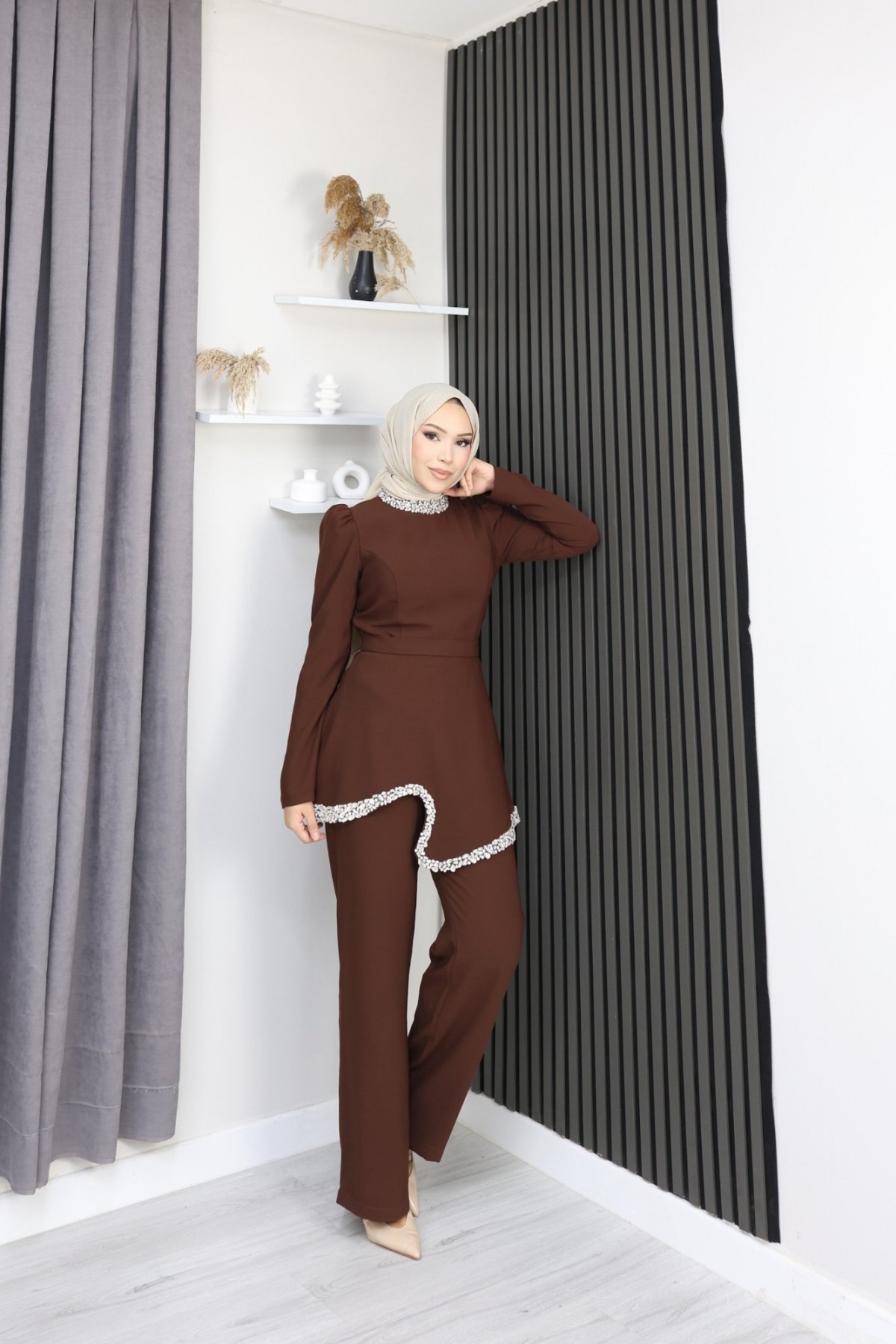 Doğa Tesettür Takım - Kahverengi