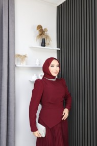 Eleni Tesettür Etekli Elbise - Bordo