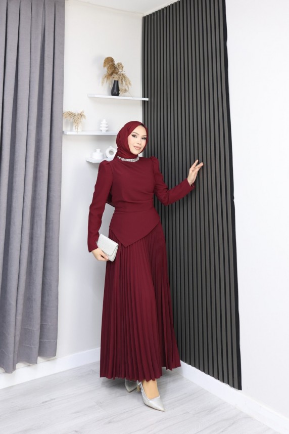 Eleni Tesettür Etekli Elbise - Bordo