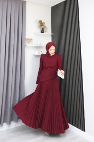 Eleni Tesettür Etekli Elbise - Bordo