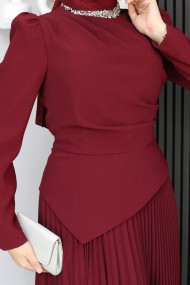 Eleni Tesettür Etekli Elbise - Bordo