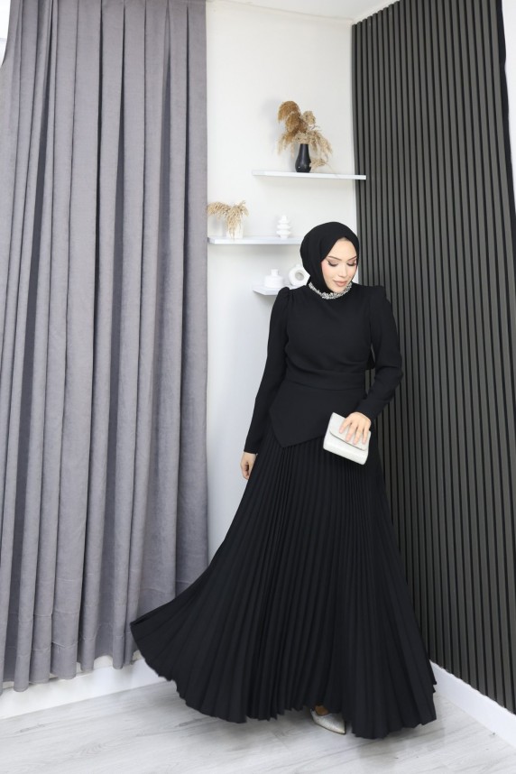 Eleni Tesettür Etekli Elbise - Siyah