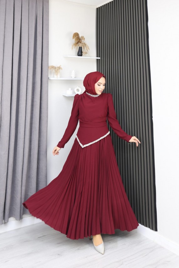 Şevval Tesettür Etekli Elbise - Bordo