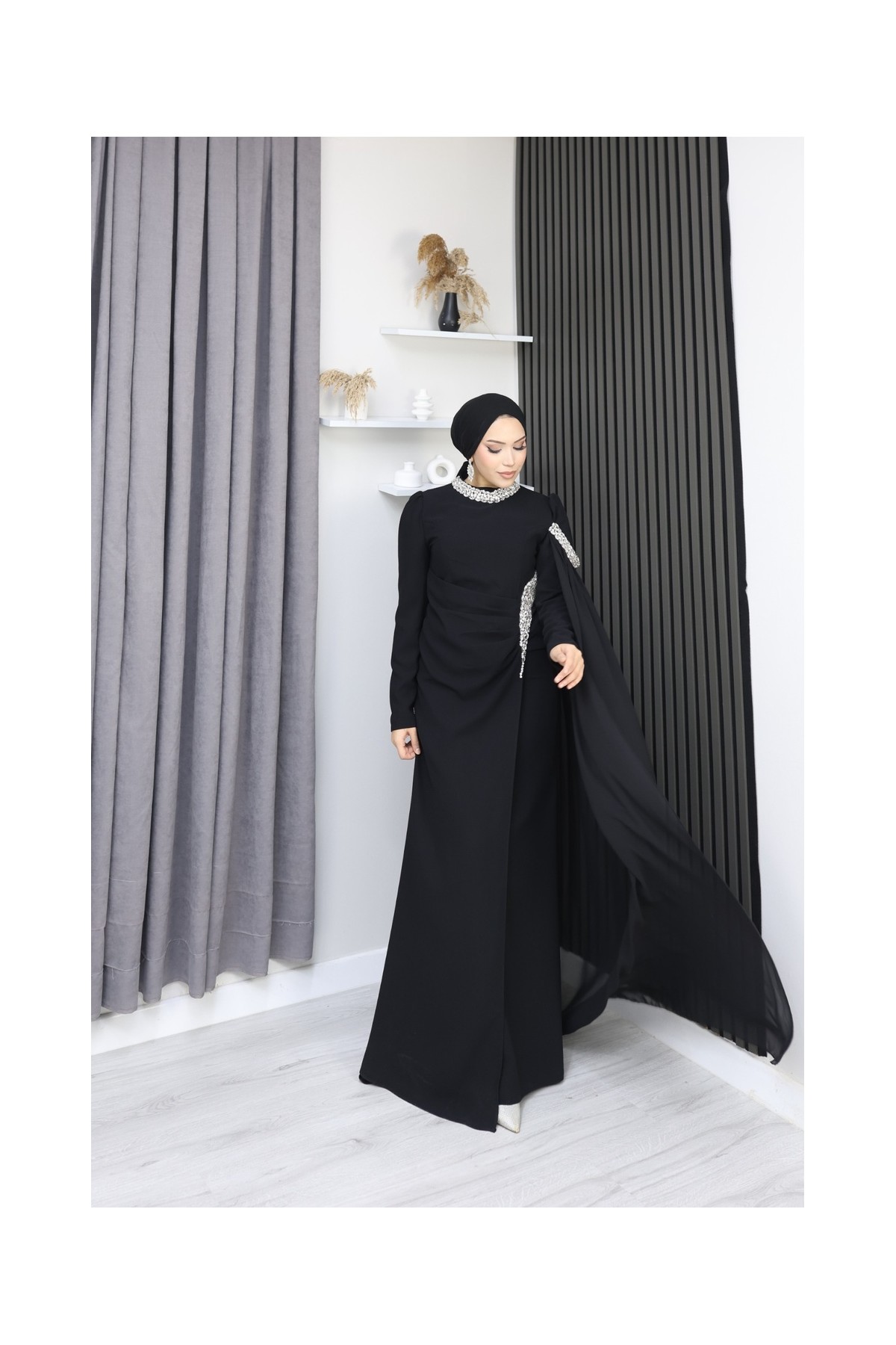 Çiçek Tesettür Abiye - Siyah