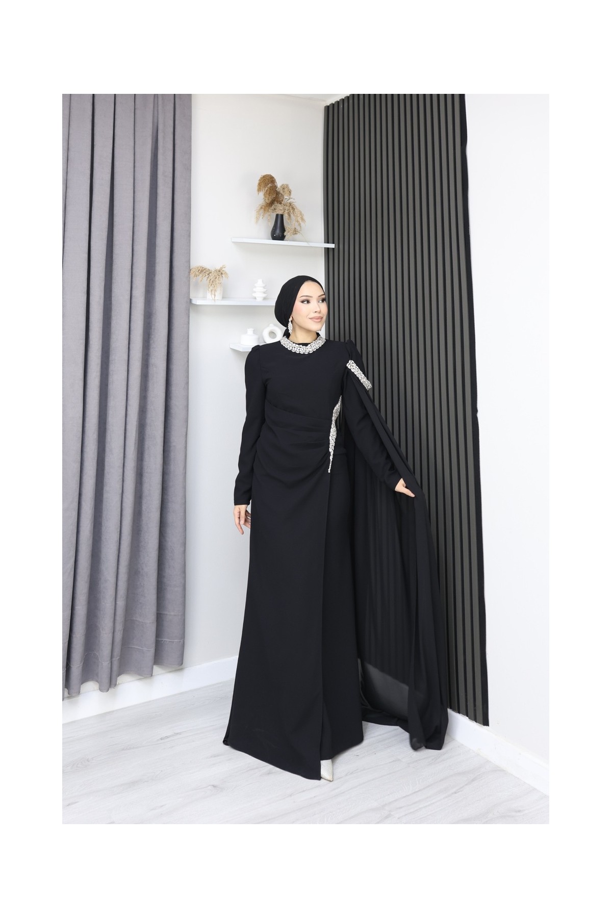 Çiçek Tesettür Abiye - Siyah