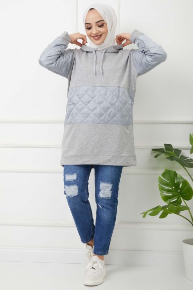 Kapitoneli Kapşonlu Tunik - Gri