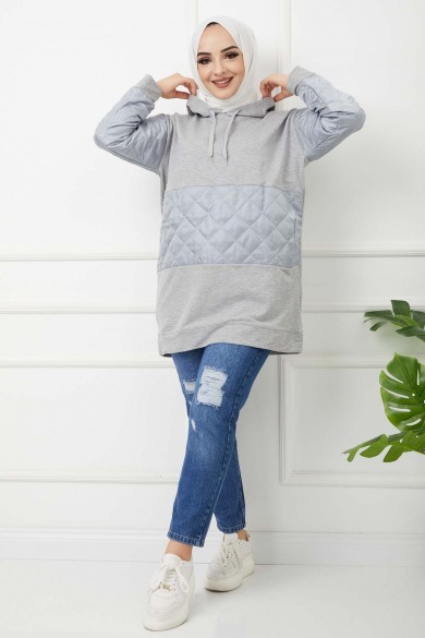 Kapitoneli Kapşonlu Tunik - Gri