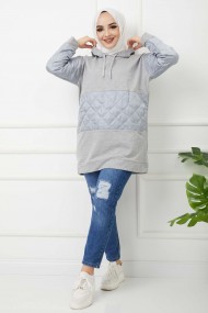 Kapitoneli Kapşonlu Tunik - Gri