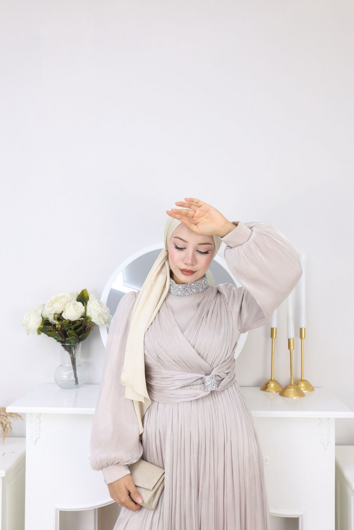 Roza Tesettür Abiye - Pudra