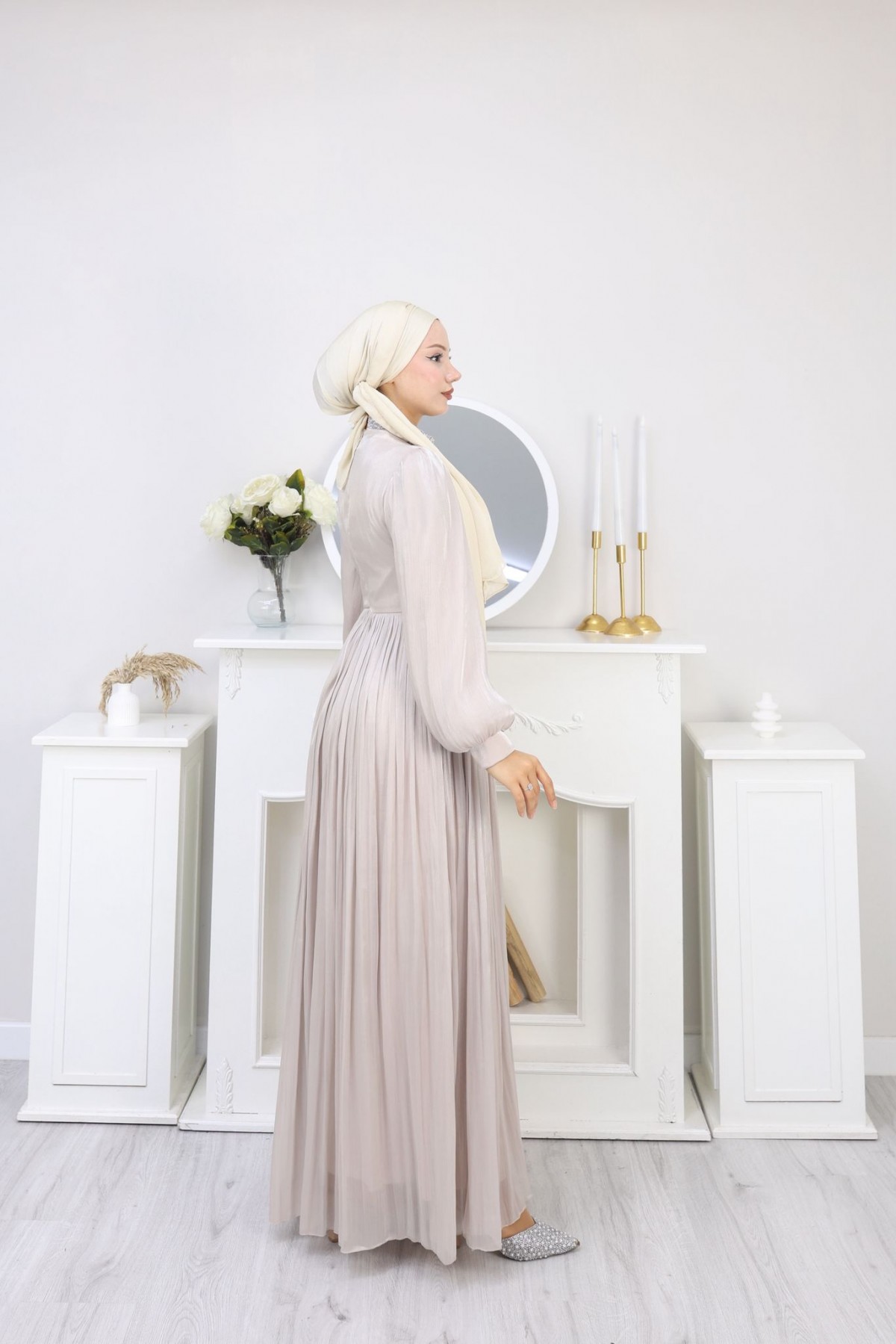 Roza Tesettür Abiye - Pudra