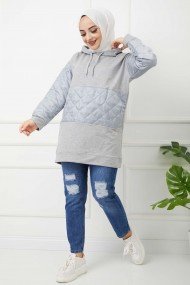 Kapitoneli Kapşonlu Tunik - Gri