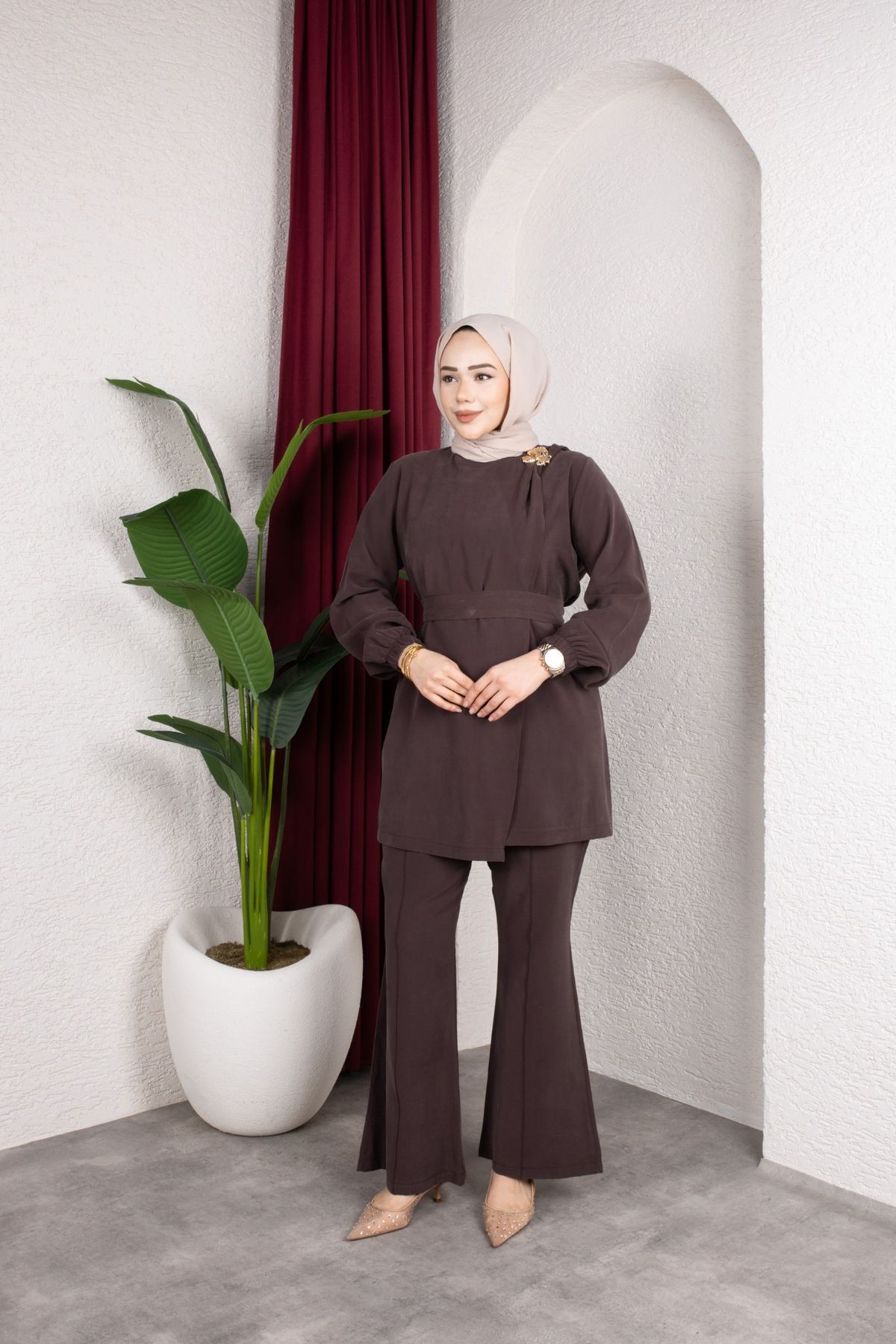 İpek Tesettür Takım - Kahverengi