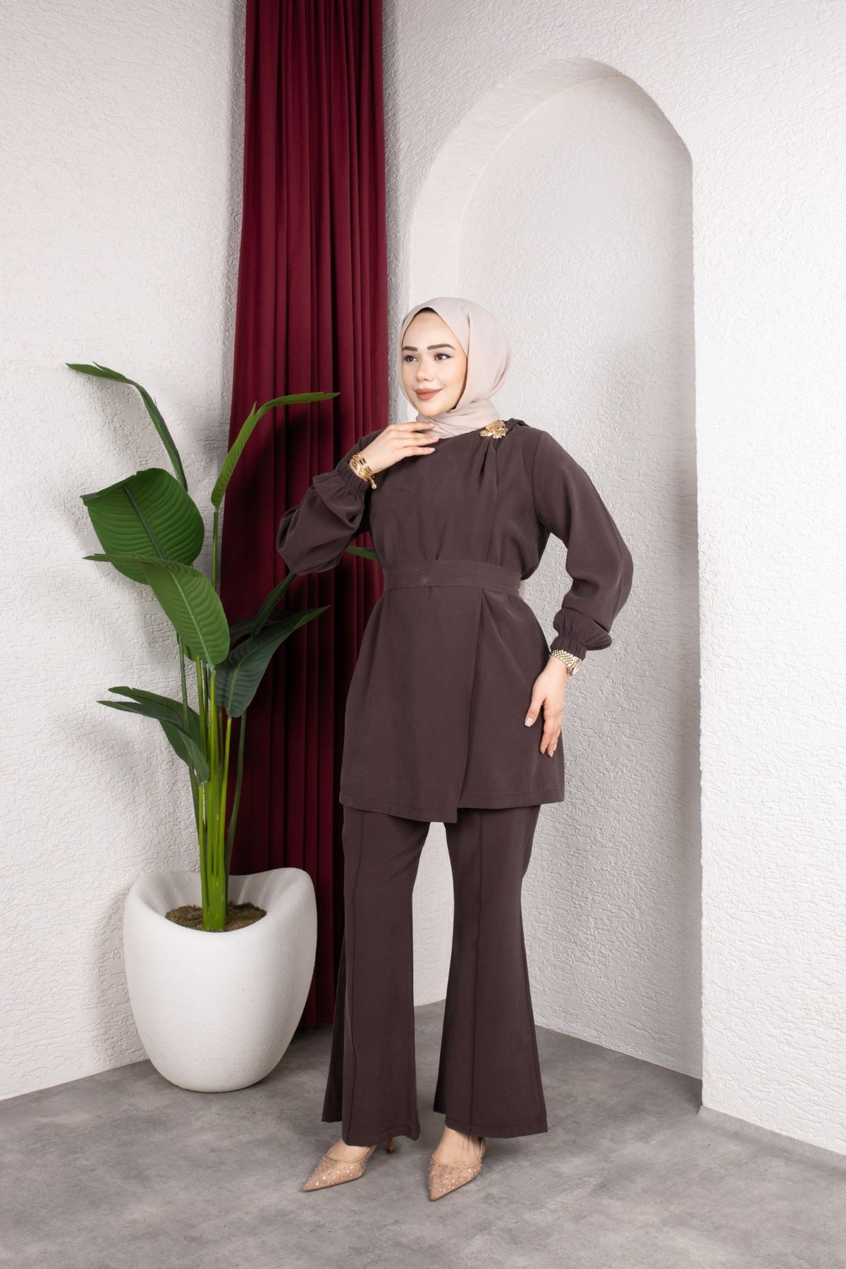 İpek Tesettür Takım - Kahverengi