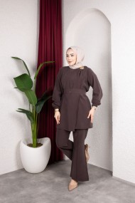İpek Tesettür Takım - Kahverengi