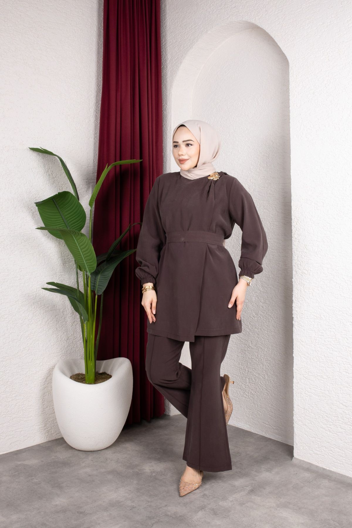 İpek Tesettür Takım - Kahverengi