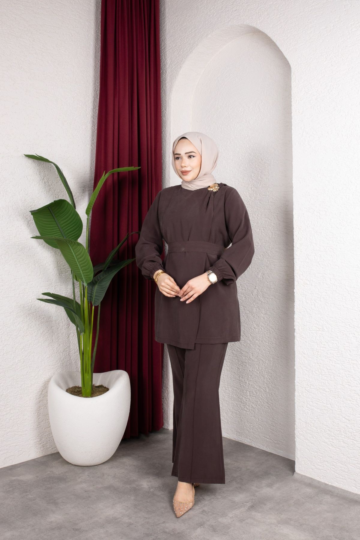 İpek Tesettür Takım - Kahverengi