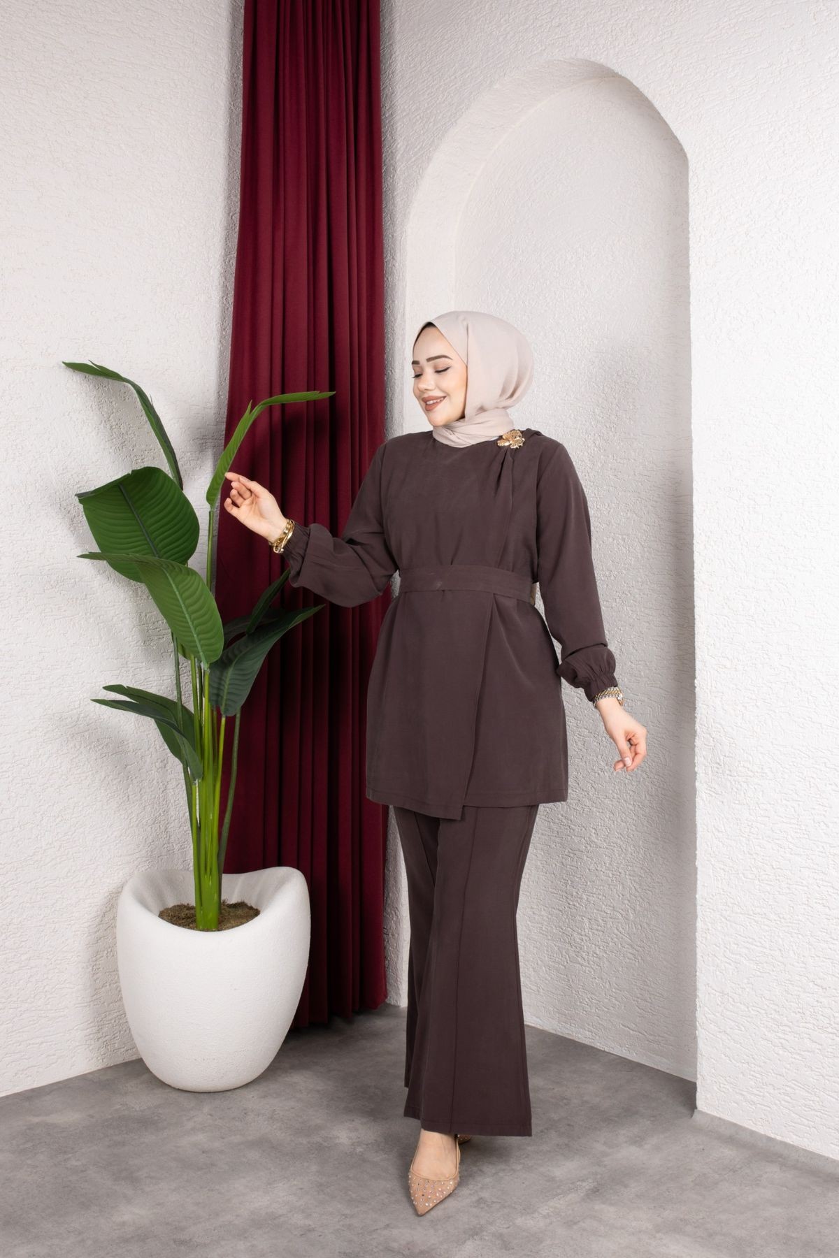 İpek Tesettür Takım - Kahverengi