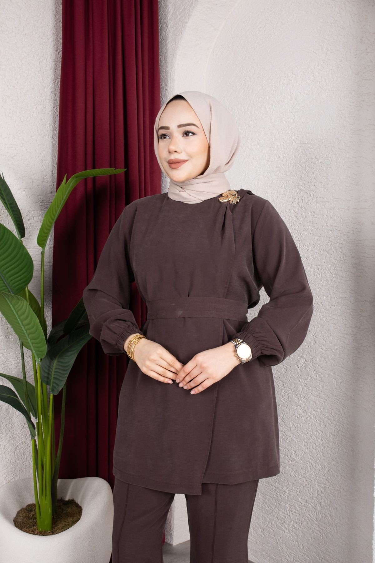 İpek Tesettür Takım - Kahverengi