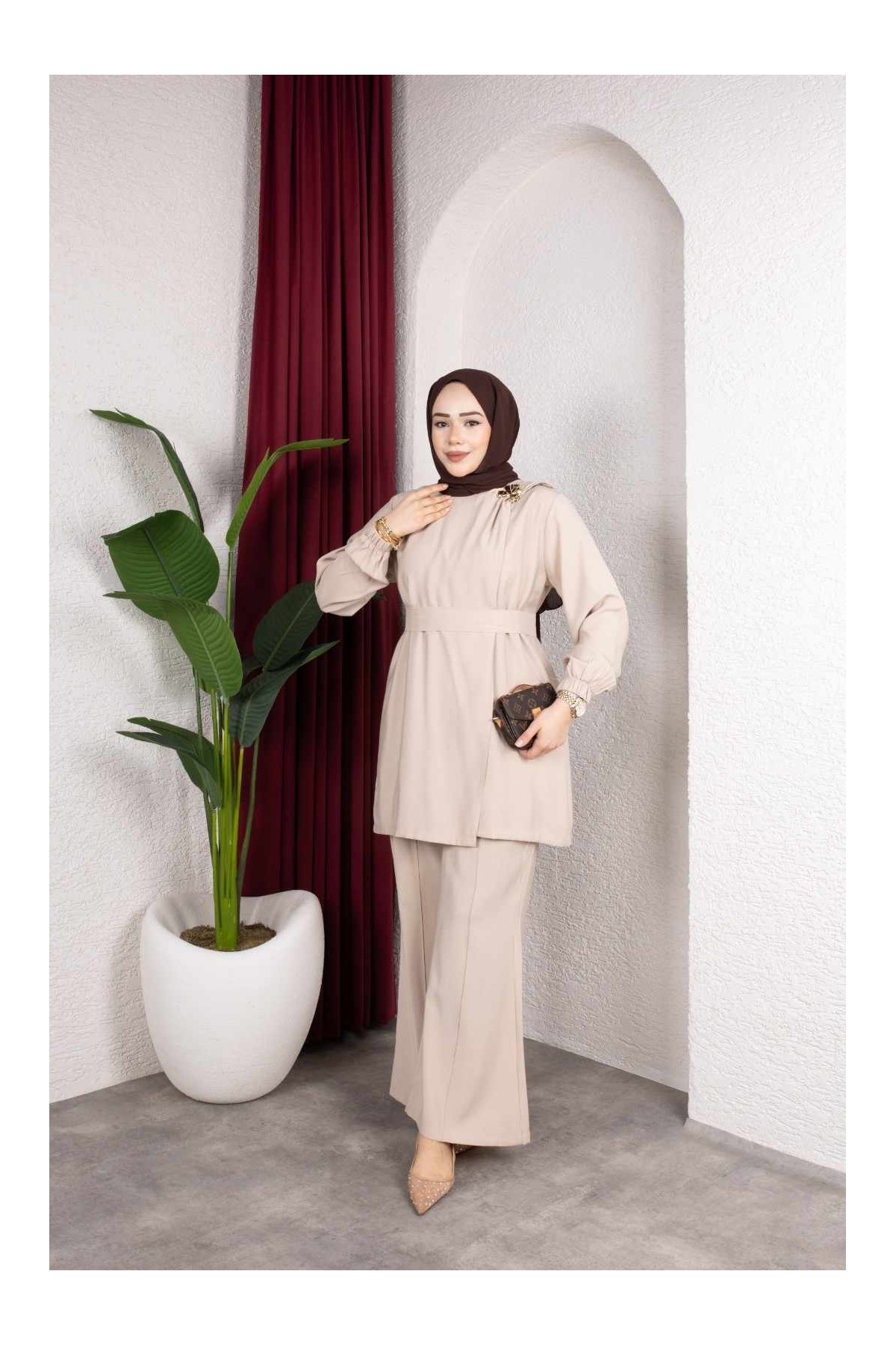 İpek Tesettür Takım - Bej
