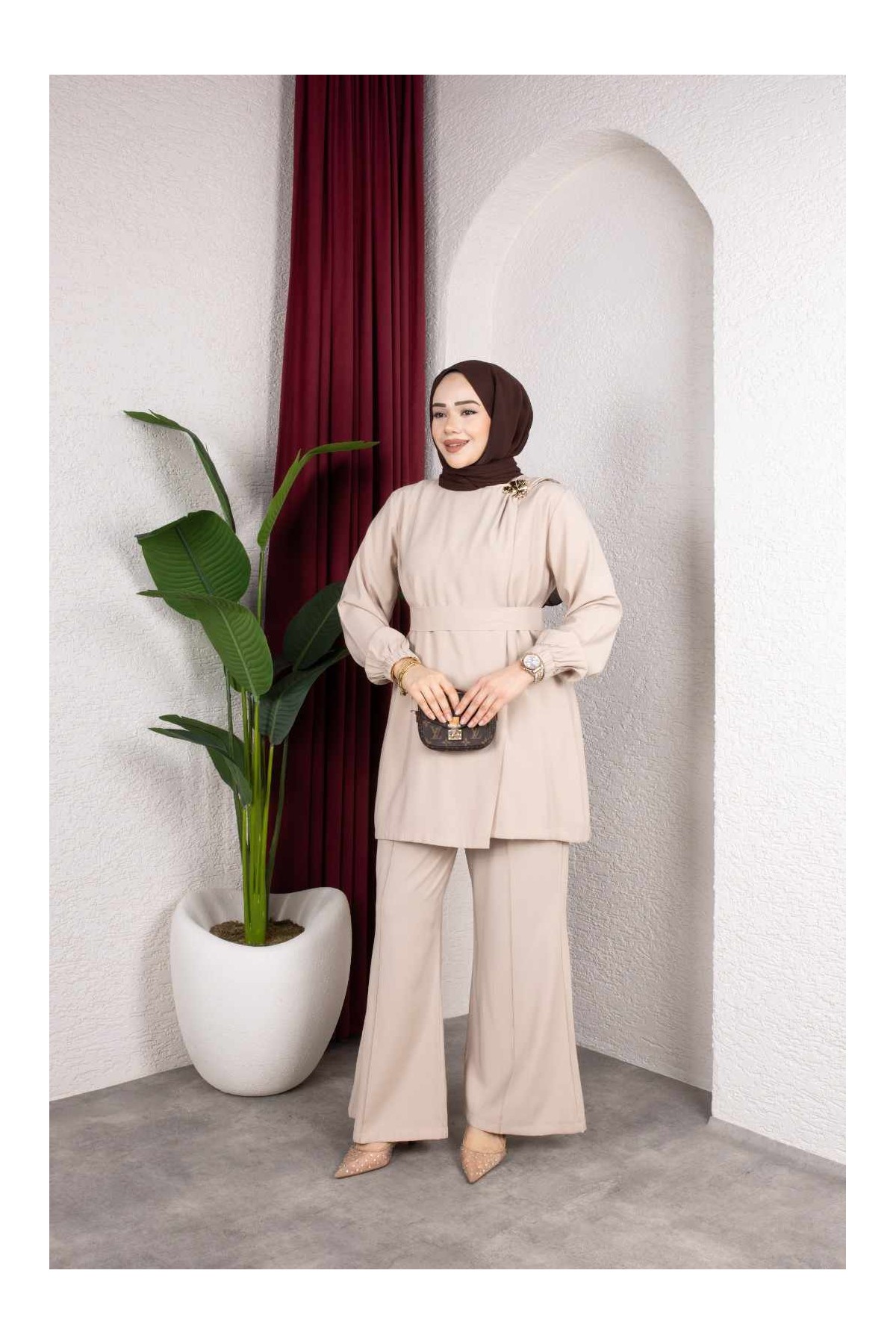 İpek Tesettür Takım - Bej