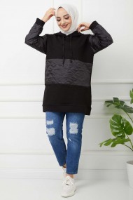 Kapitoneli Kapşonlu Tunik - Siyah