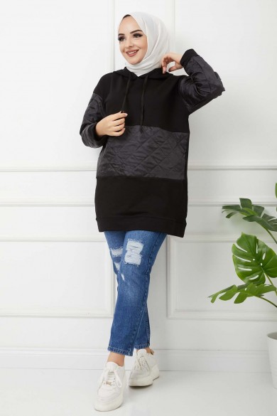 Kapitoneli Kapşonlu Tunik - Siyah
