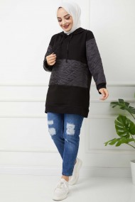 Kapitoneli Kapşonlu Tunik - Siyah