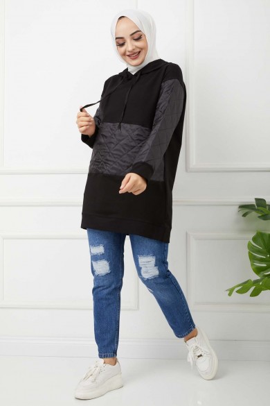 Kapitoneli Kapşonlu Tunik - Siyah