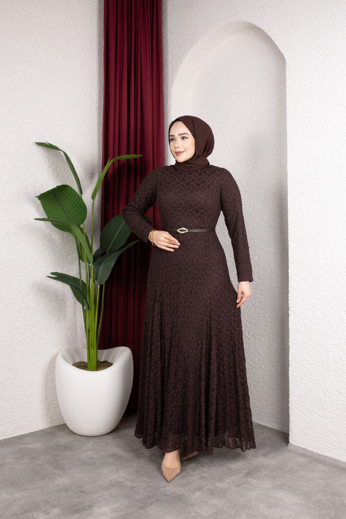 Dilruba Tesettür Elbise - Kahve