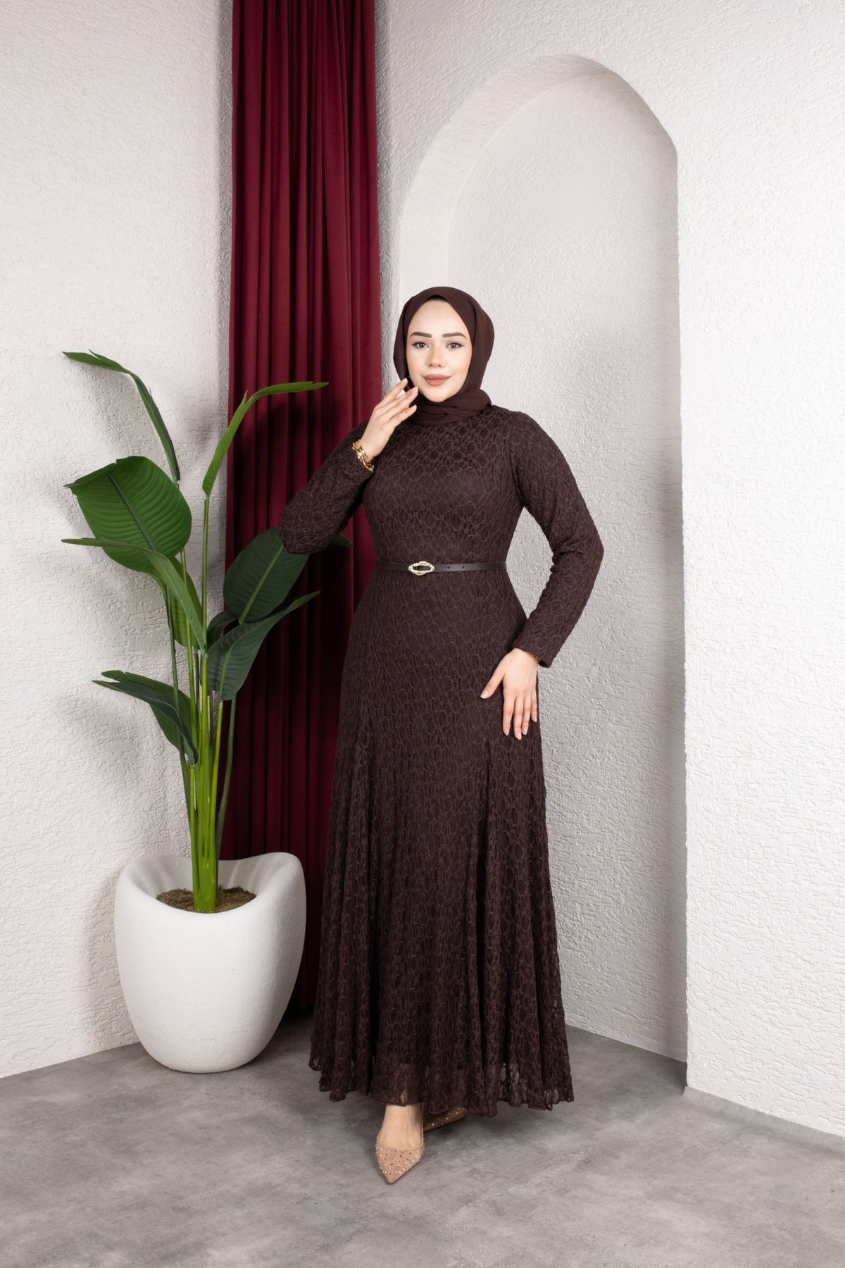 Dilruba Tesettür Elbise - Kahve