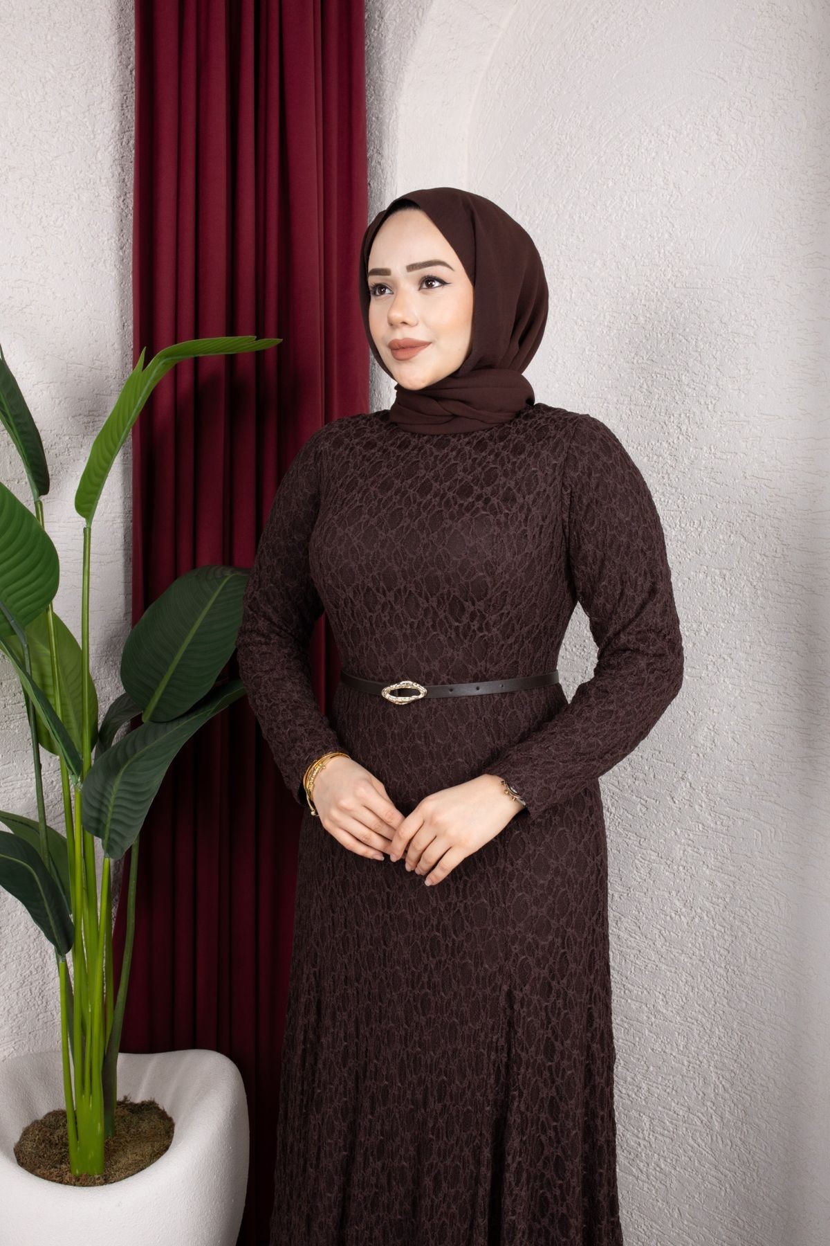 Dilruba Tesettür Elbise - Kahve