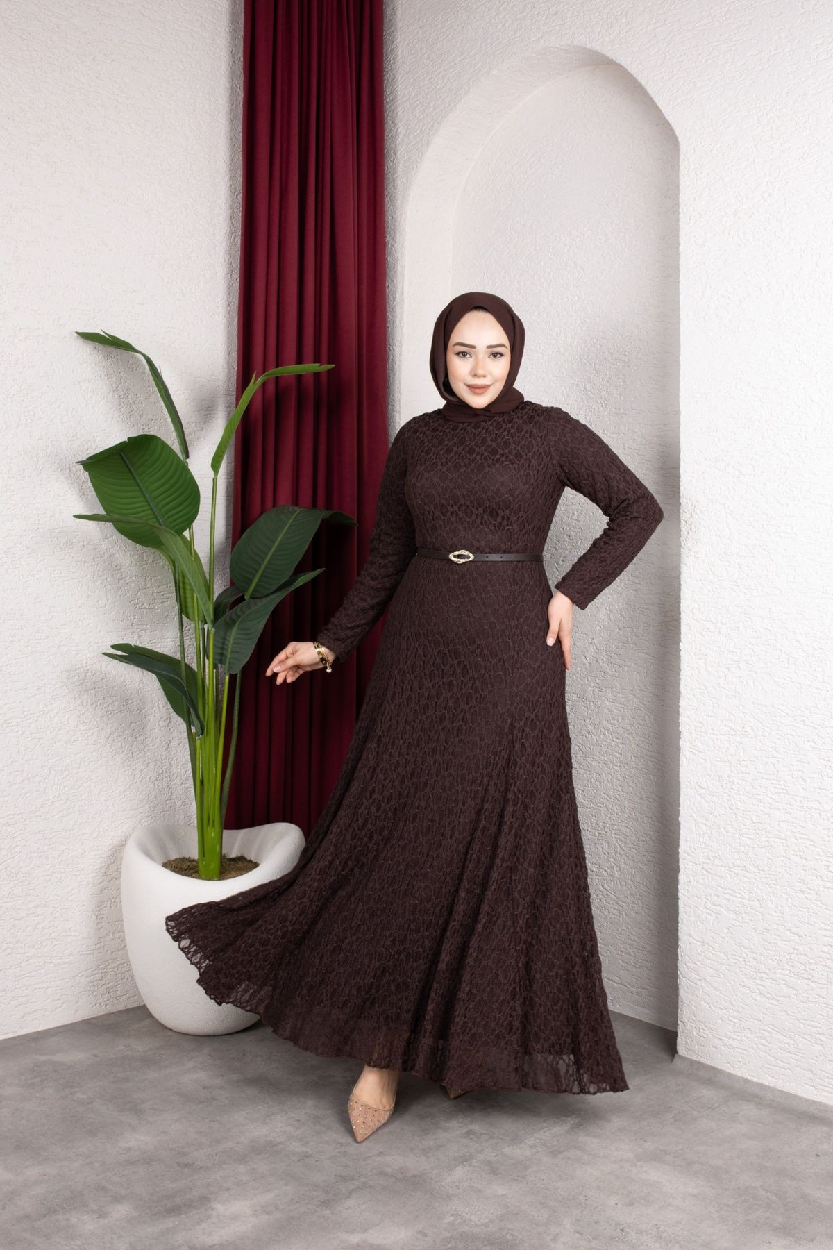 Dilruba Tesettür Elbise - Kahve