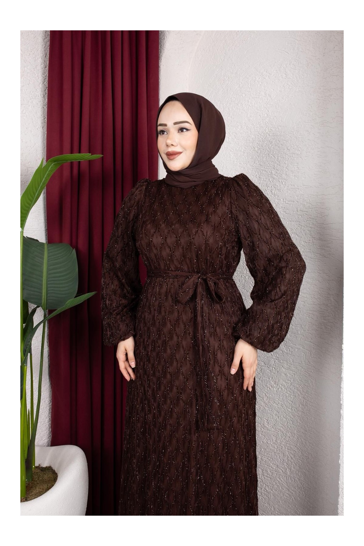 Aleen Tesettür Elbise - Kahverengi
