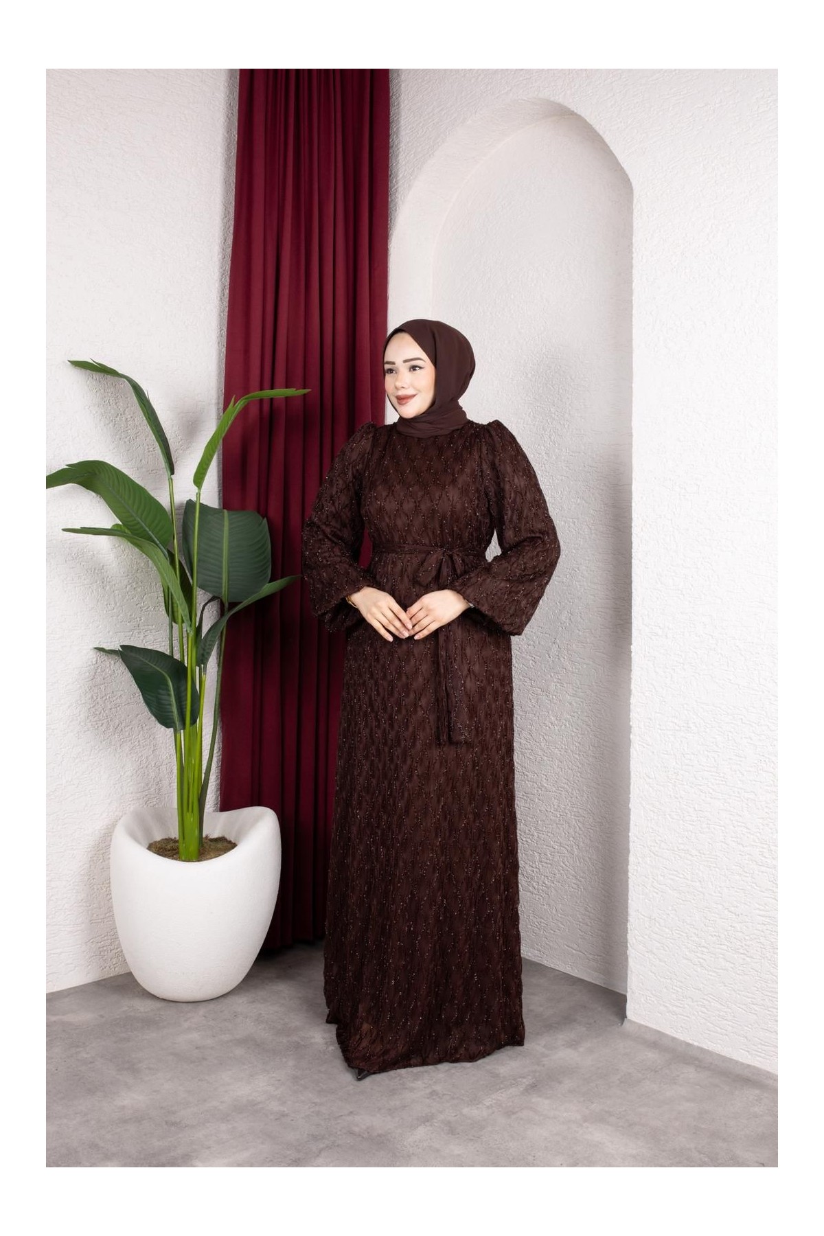 Aleen Tesettür Elbise - Kahverengi