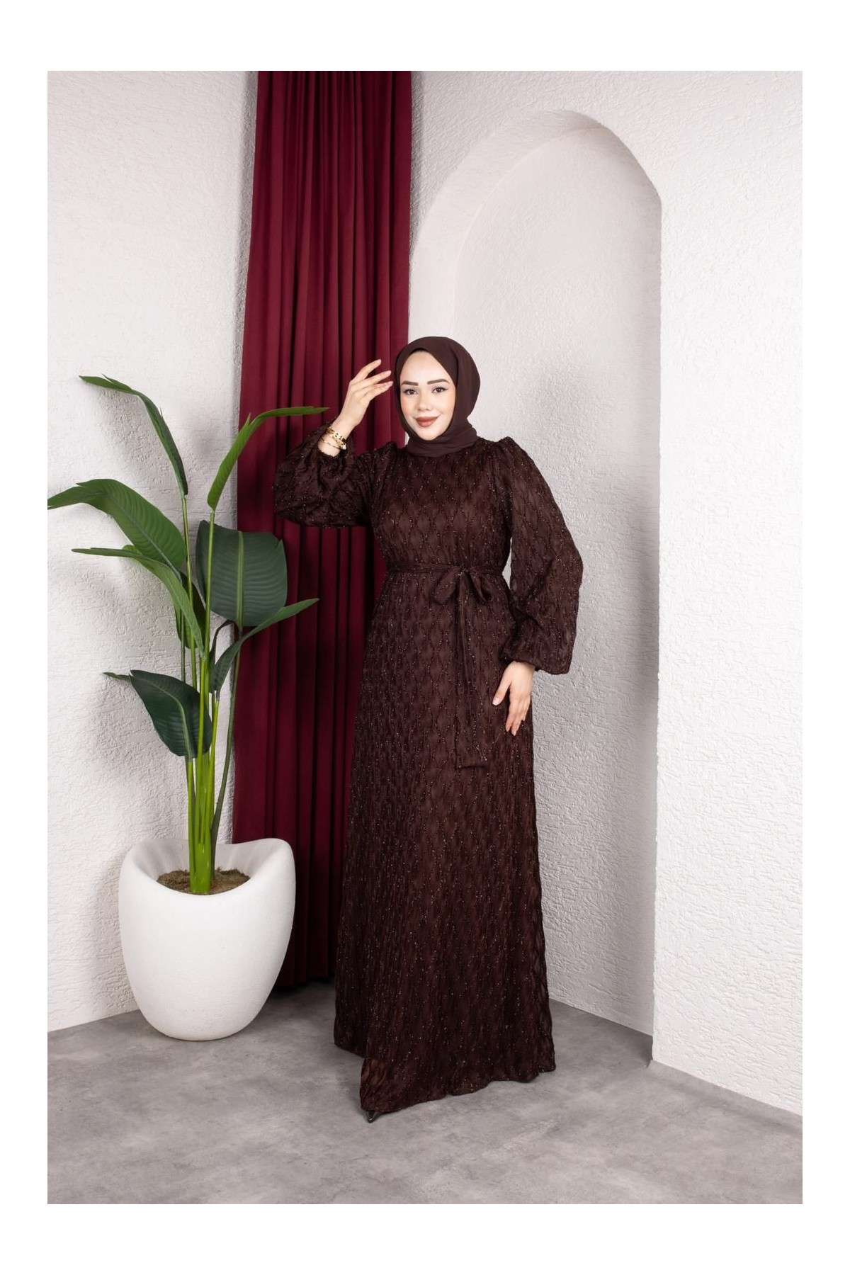 Aleen Tesettür Elbise - Kahverengi