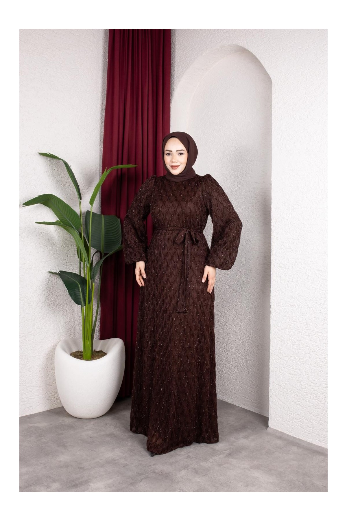Aleen Tesettür Elbise - Kahverengi