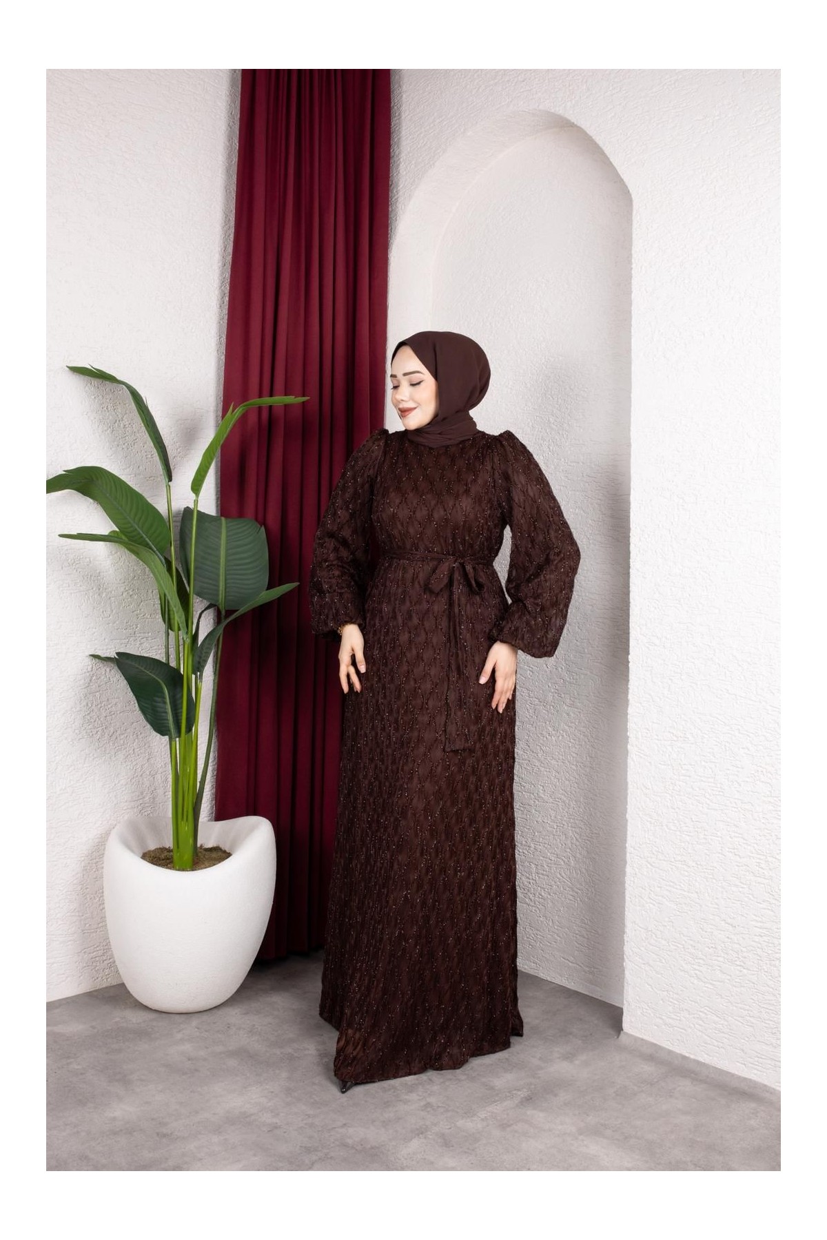 Aleen Tesettür Elbise - Kahverengi