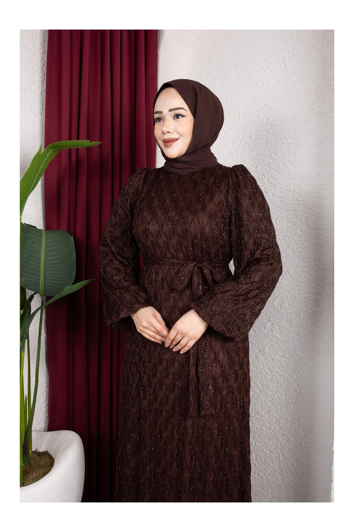 Aleen Tesettür Elbise - Kahverengi