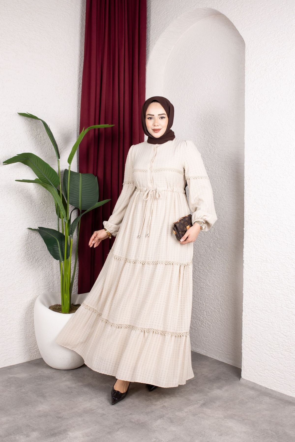 Mona Tesettür Elbise - Bej