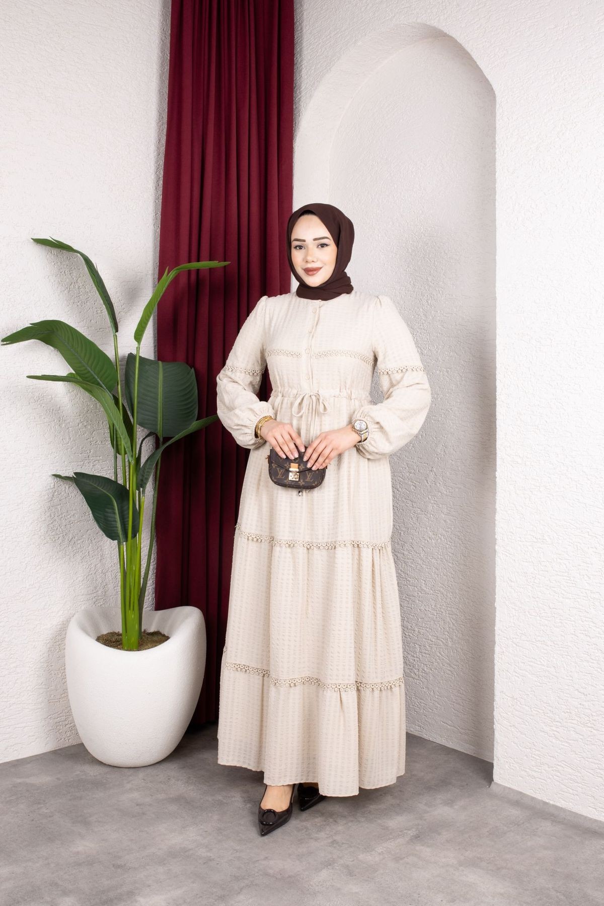 Mona Tesettür Elbise - Bej