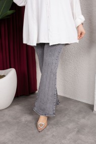 Taş Detaylı Kot Pantolon - Gri