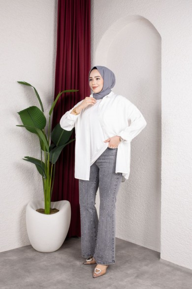 Taş Detaylı Kot Pantolon - Gri