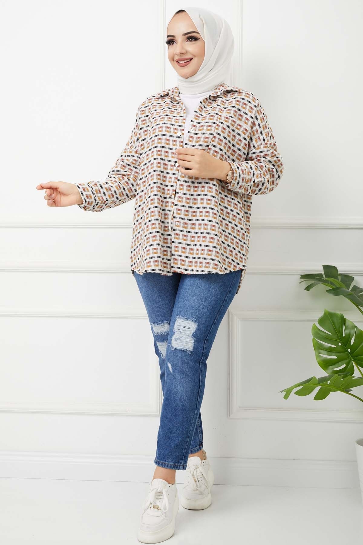 Ekose Cepli Gömlek - Bej