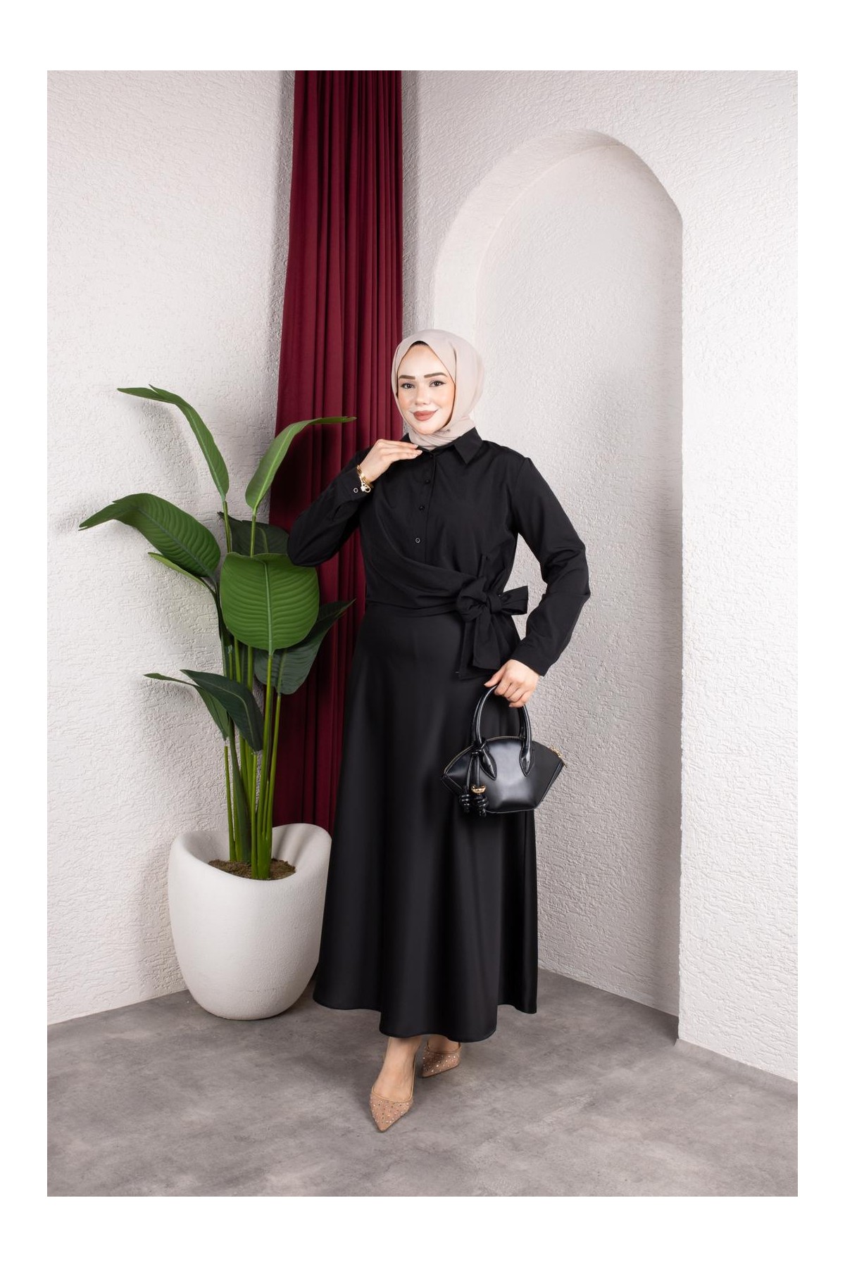 Yandan Bağlama Detaylı Gömlek - Siyah