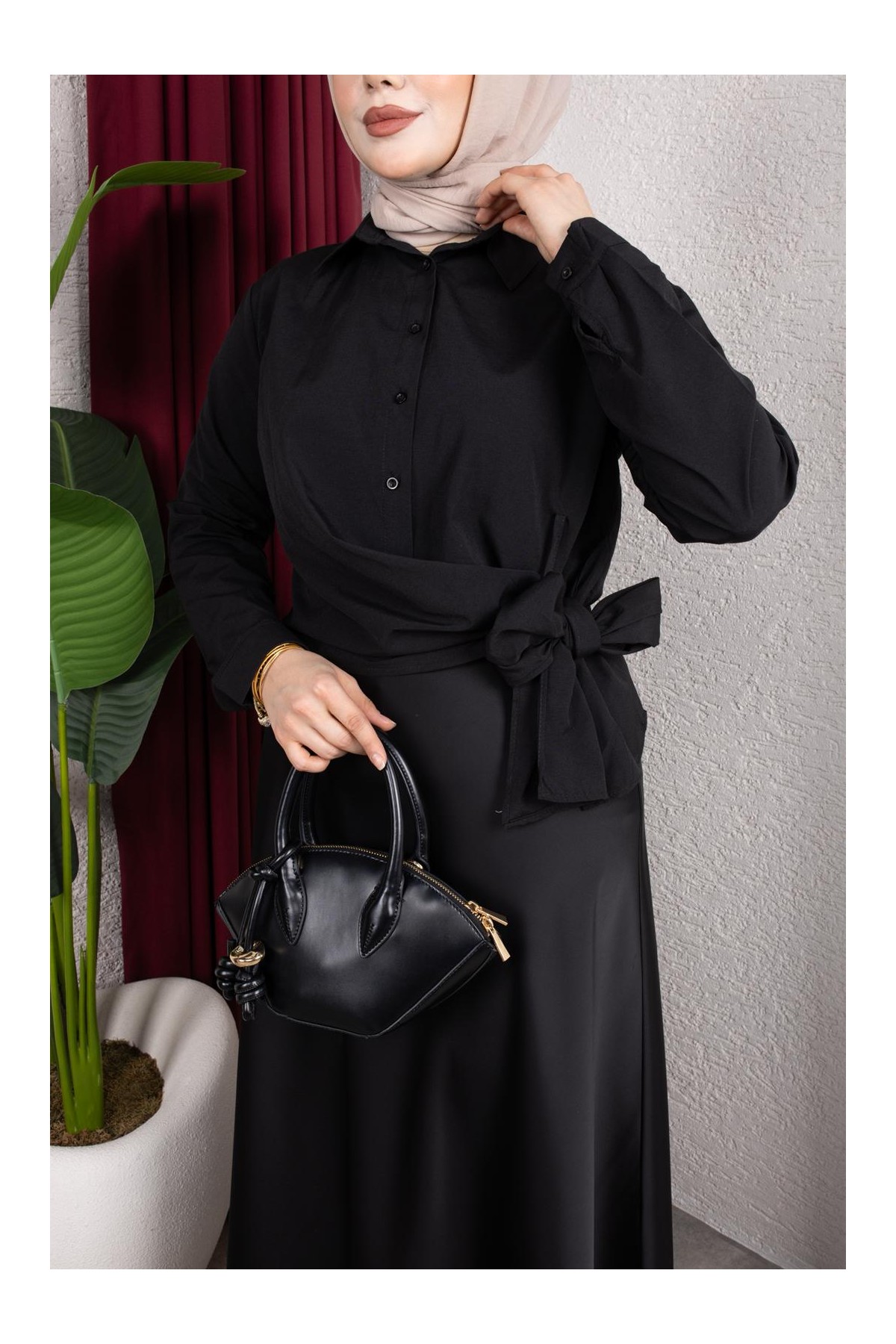 Yandan Bağlama Detaylı Gömlek - Siyah